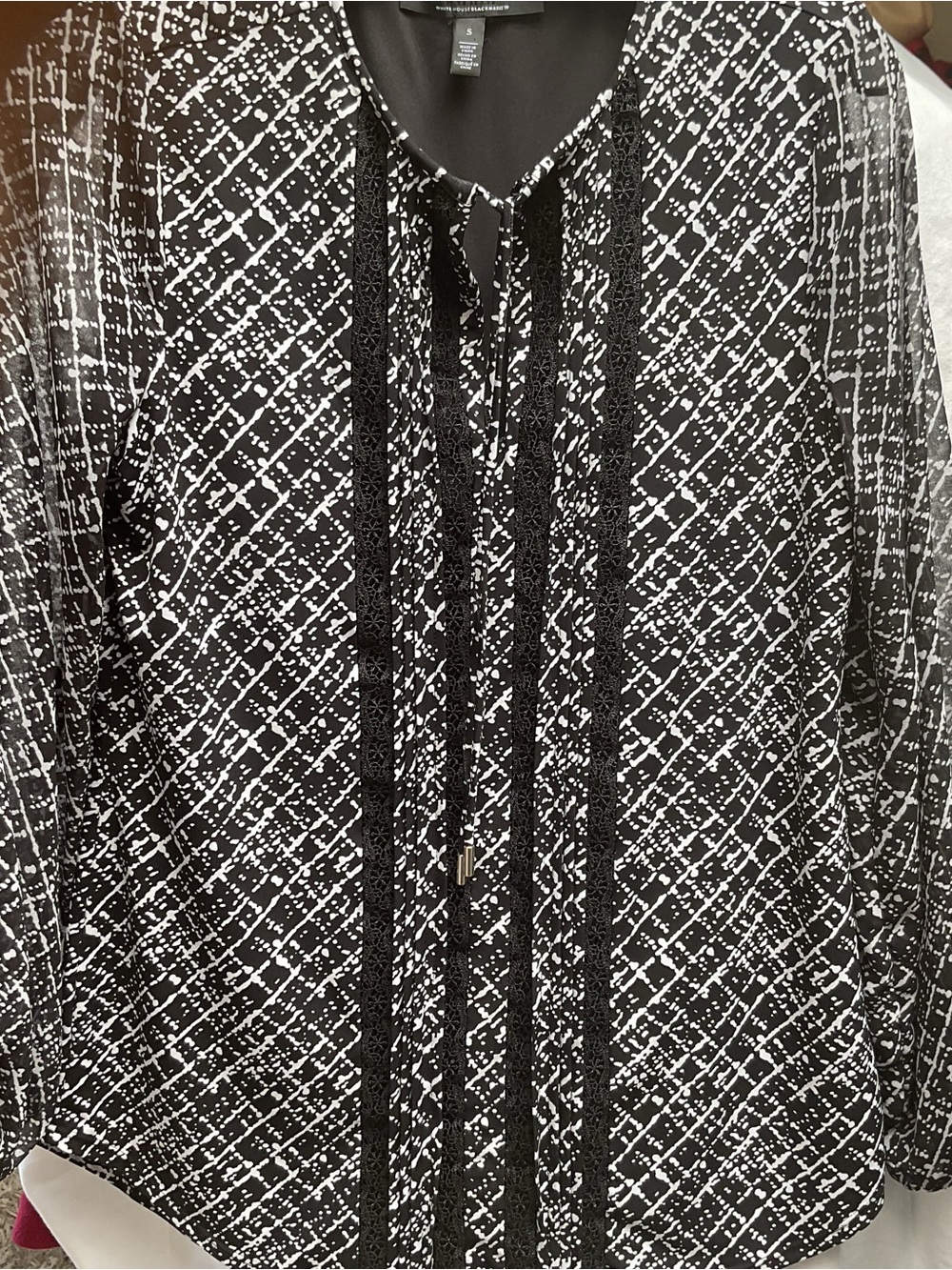 White House Black Market Black and White Patterned Tie-Neck Blouse